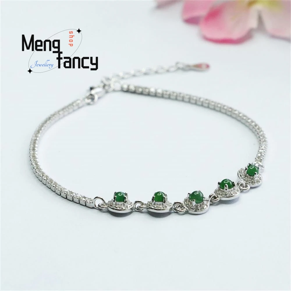 S925 Silver Lnlaid Natural Jadeite In Ice Type Imperial Green Bracelet Exquisite Elegant Charm High-grade Luxury Quality Jewelry