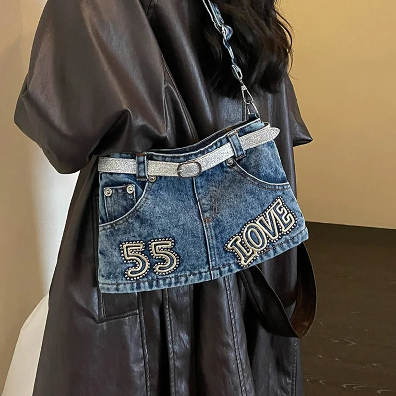 Fashionable Shoulder Bag Retro Denim Women Shoulder Bag Personalized Letter Embroidered Armpit Crossbody Bag