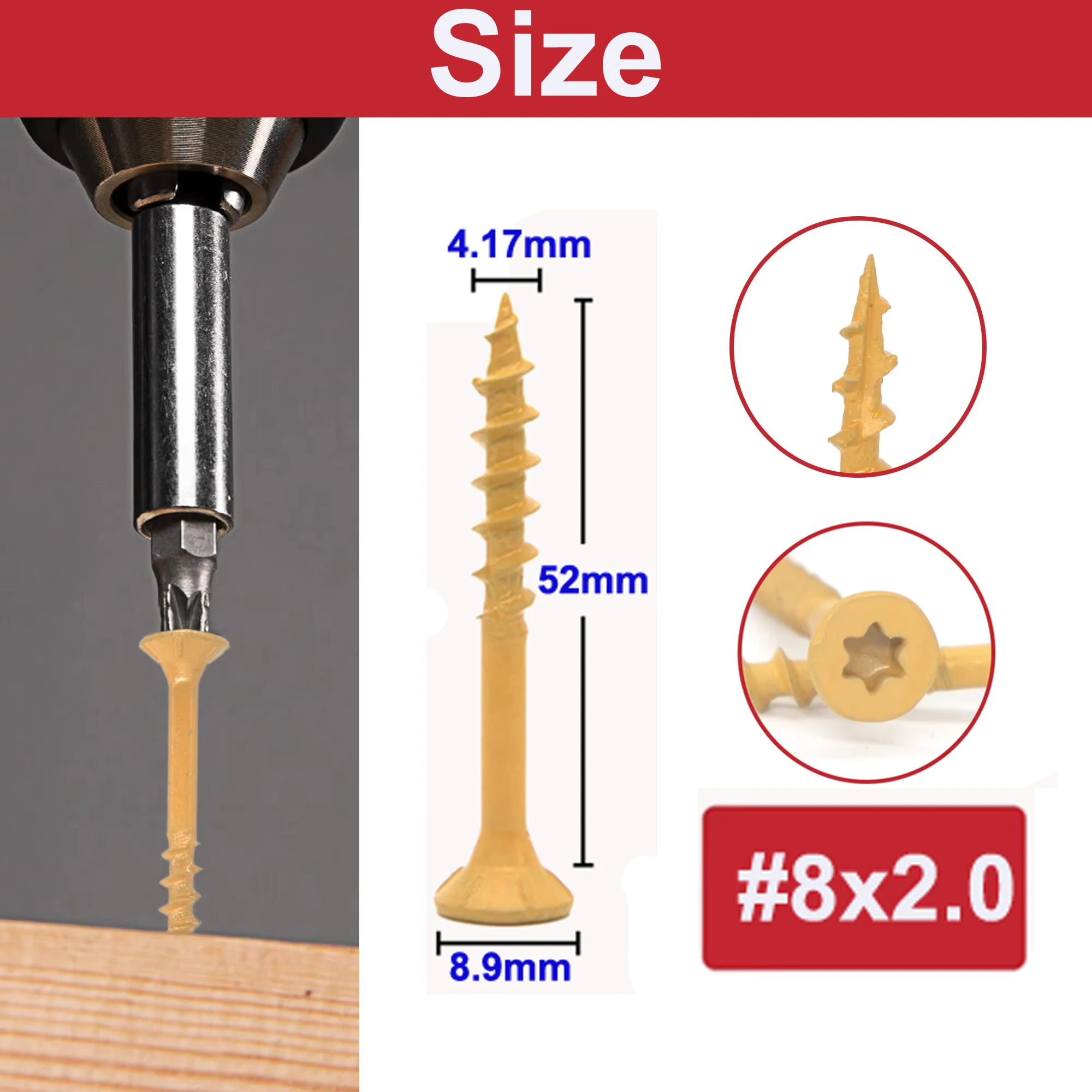 Weiyi 50/100 Stück Sechskant-Torx-Deckschrauben # 8 # 10 flache, rostbeständige, epoxidbeschichtete, selbstschneidende Holzbolzen in Bronze und Schwarz – Detail 6