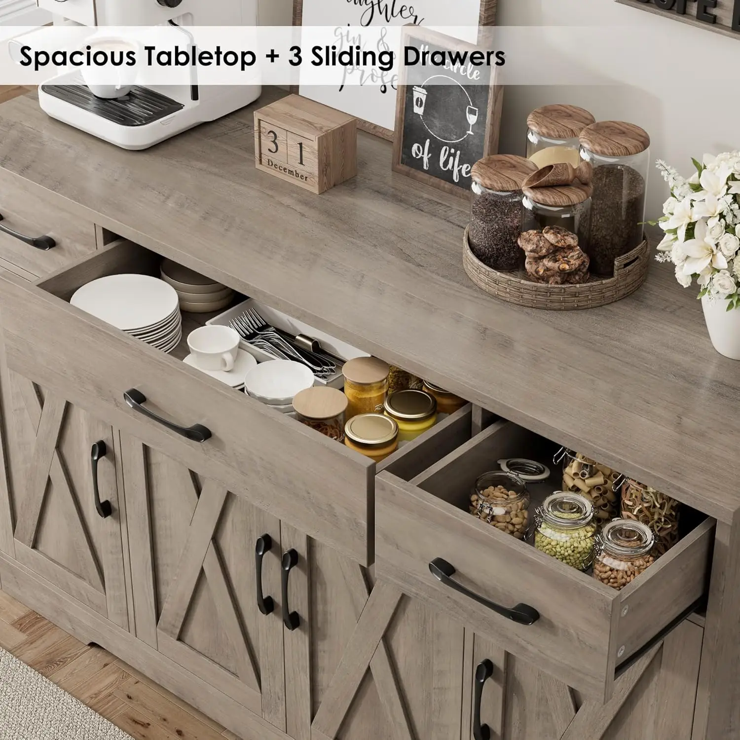 55' Buffet Sideboard Cabinet with Drawers & Shelves, Modern Farmhouse Coffee Bar in Ash Grey
