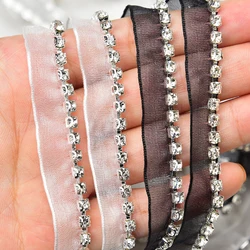 Unilateral Rhinestone Claw Chain White and Black Mesh Lace Trim Crystal Sew on Ribbon for Clothes Collar Shoes Decoration