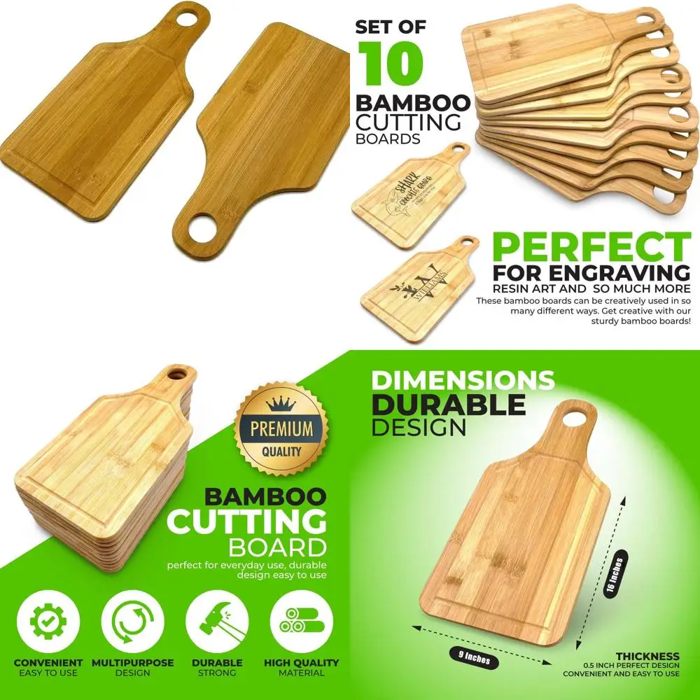 

Set of 10 Bamboo Paddle Cutting Boards | Personalized Engraving | Wholesale 16x10 Bamboo Boards with Handle