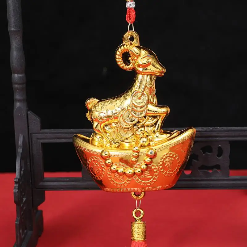 1PcsChinese New Year Golden Goat Hanging Decorations With Lucky Fu Elements Red Tassels For Spring Festival Home Wall Car Decor