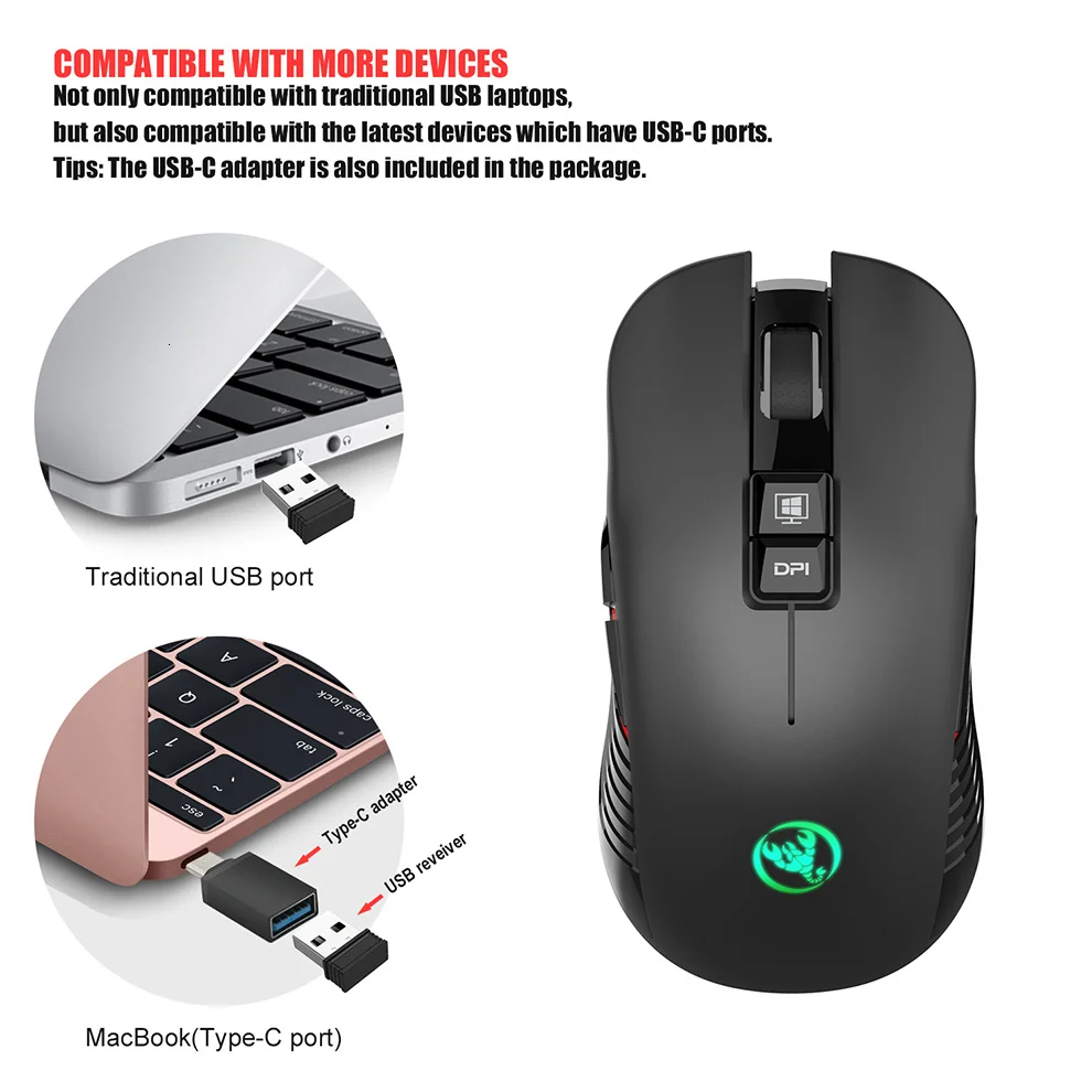 2.4G USB-C Wireless Mouse Rechargeable Gaming Mouse 3600DPI 7 Button Type-c Mute Mice for Macbook Laptop PC Game Mouse Computer