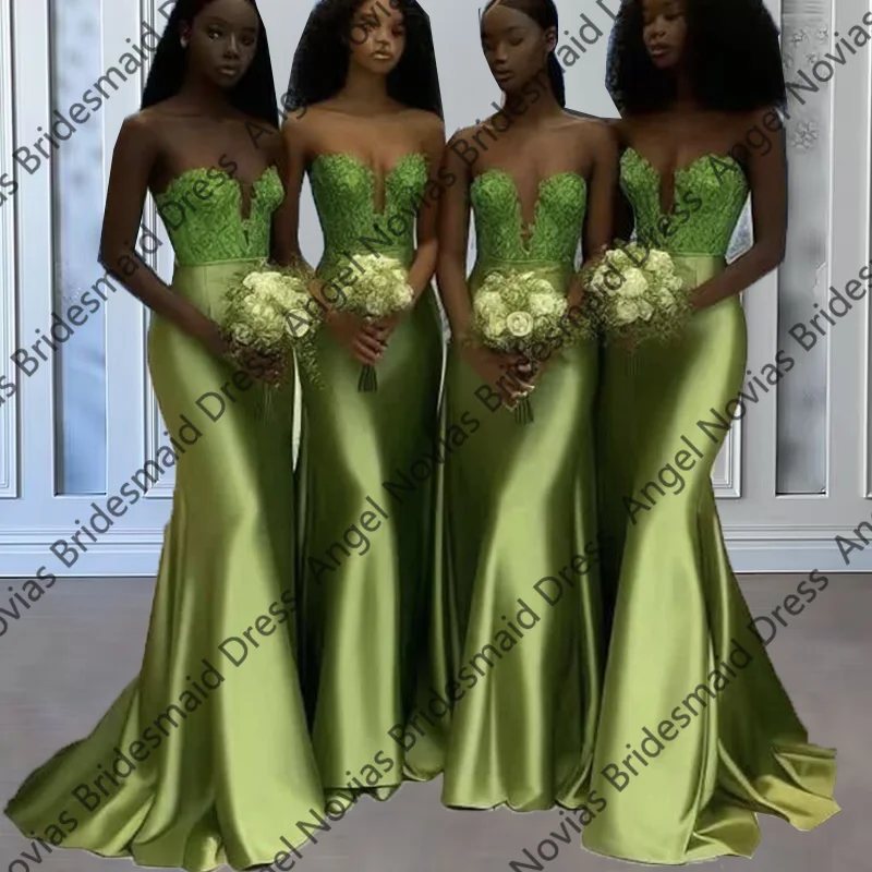

Long Green Mermaid Bridesmaid Dresses Lace Appliques Strapless Maid Of Honor Gown African Girls Wedding Guest Dress Customized