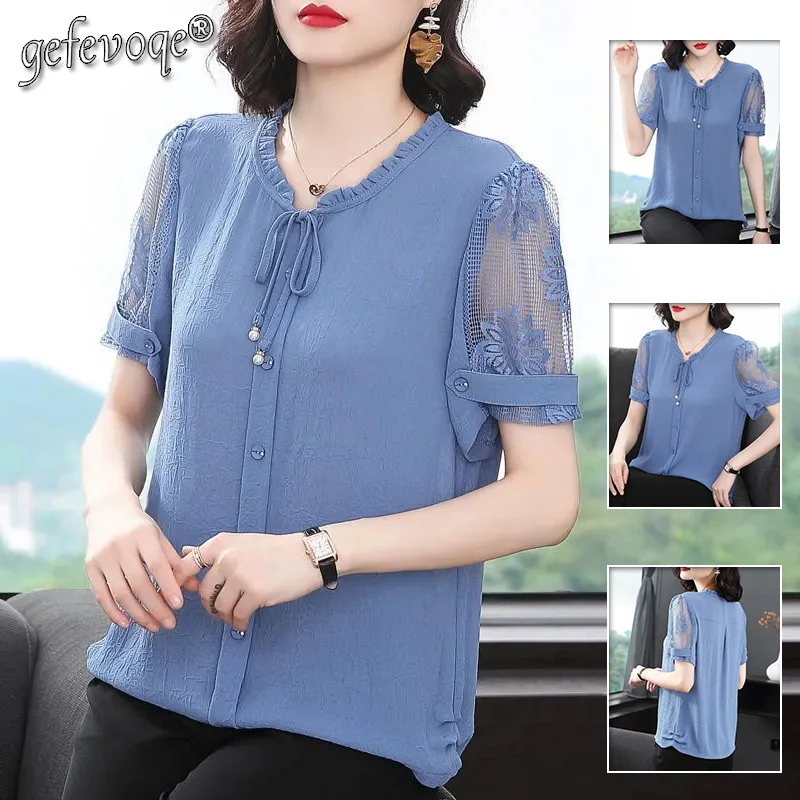 Elegant Bow Buttons Lace Patchwork Solid Chiffon Shirt Summer 2023 New O-Neck Short Sleeve Loose Blouse Women Oversized Clothing