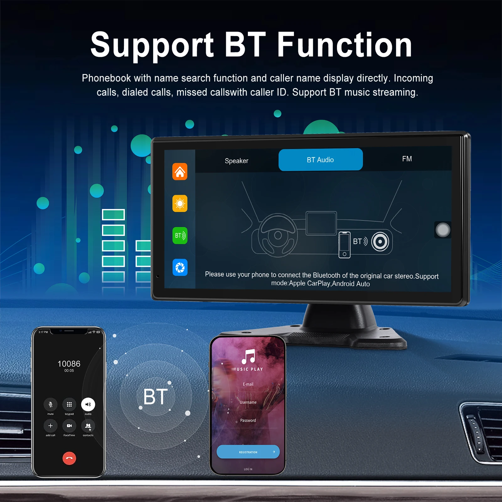 Leekooluu 10.36-inch Screen Carplay Portable Smart Player Supports Android Auto Apple CarPlay Airplay Android Cast 4 Cameras