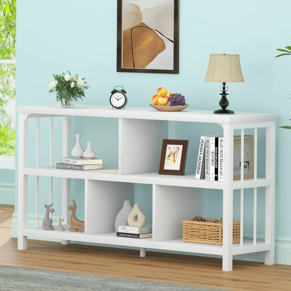 

White Wood Bookshelf, Industrial Horizontal Cubby Book Shelf, Low Open Shelf Bookcase for Office Living Room, Modern Short Wide
