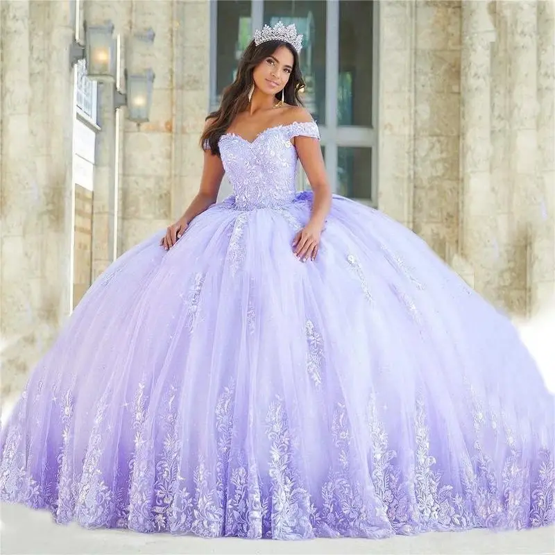 

Lace Applique Quinceanera Dresses Off Shoulder Ball Gown Bow Sweet 15 16 Pageant Dress With Train Prom Wedding Birthday Gowns