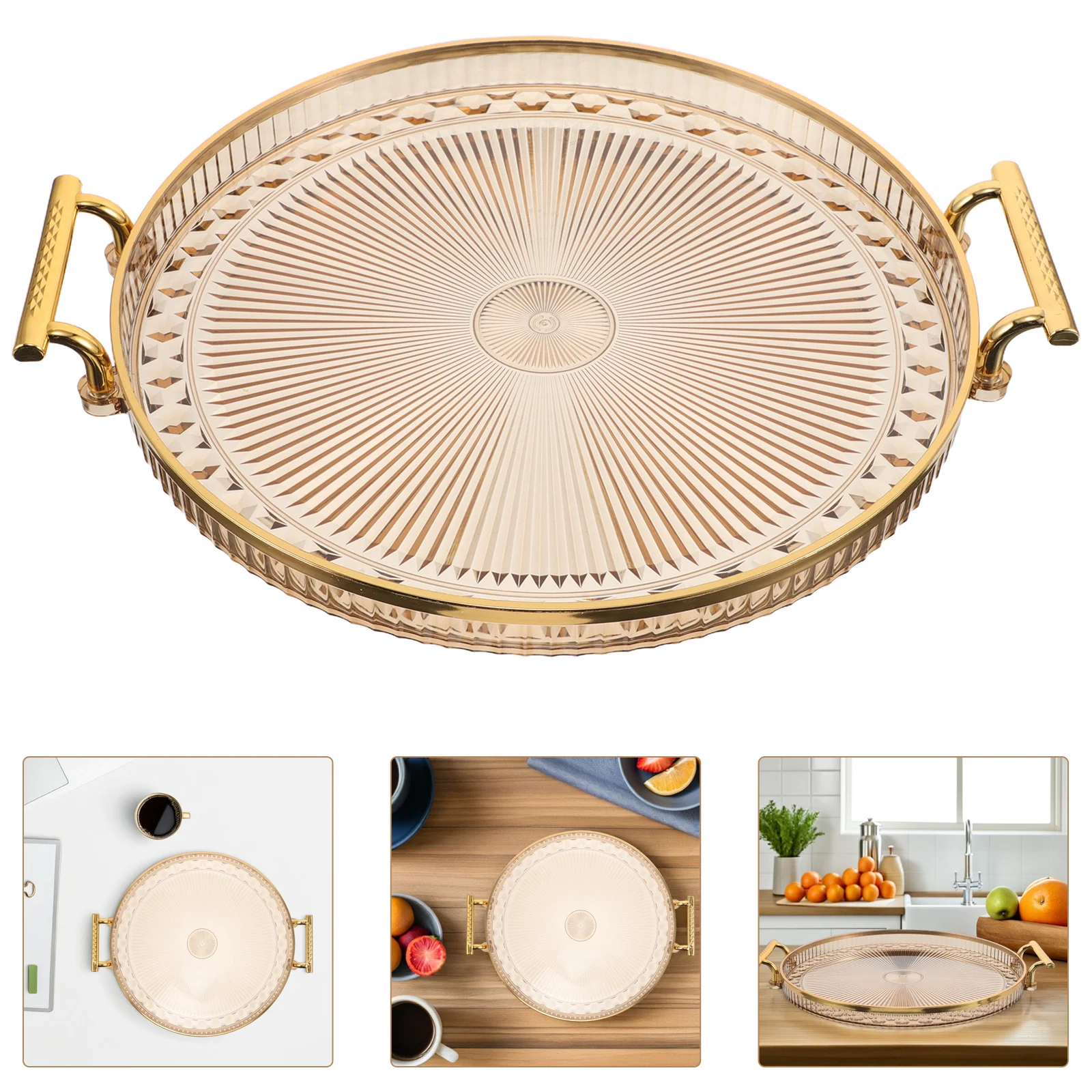

Round Decorative Tea Tray Clear Plastic Serving Tray with Handles Vanity Jewelry Organizer for Cups Mugs Desserts Fruits