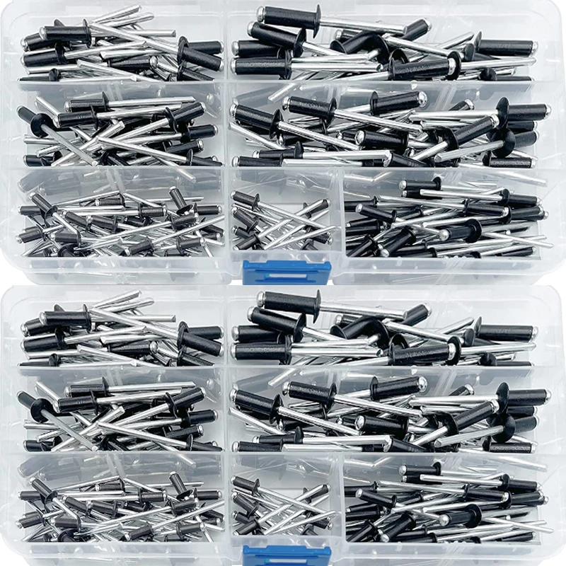 180pcs Black Plated Aluminum Blind Rivets of 6 sizes Popular Rivet 3.2x8/3.2x10/4.0x10/4.0x13/5x14/5x18mm Rivets