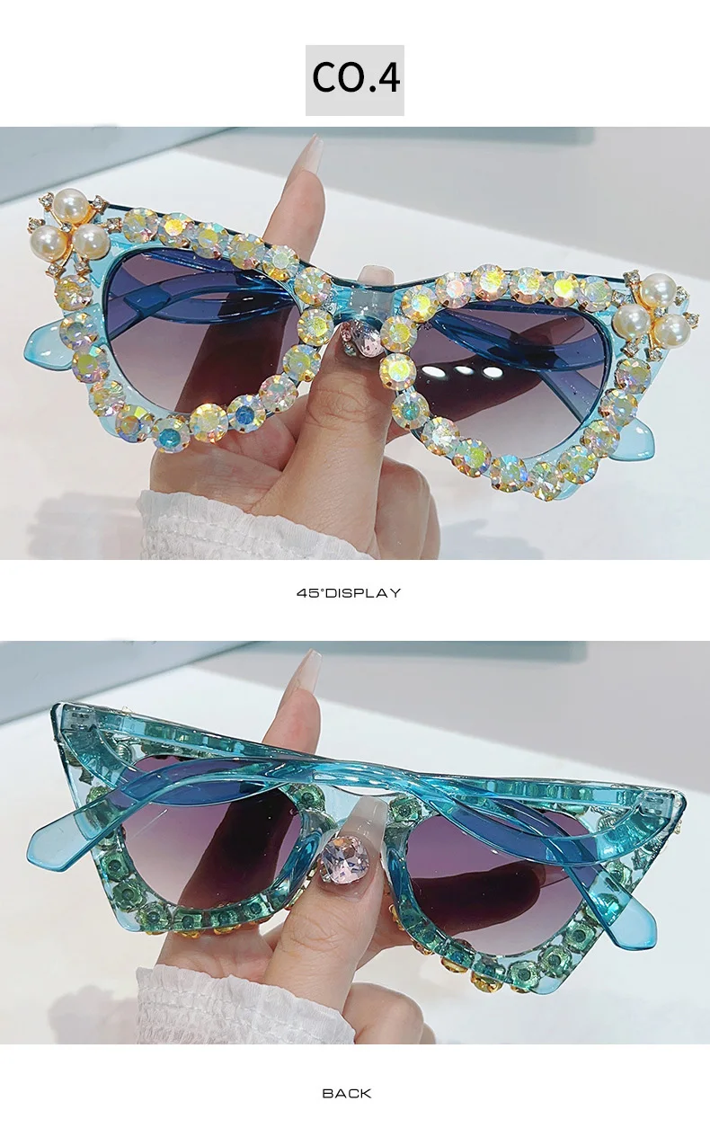 Glänzende Diamanten Cat Eye Sonnenbrille Frauen Luxus Perle Trends Punk Sonnenbrille weibliche Schatten UV400 Gradient Strass Brille – Detail 9