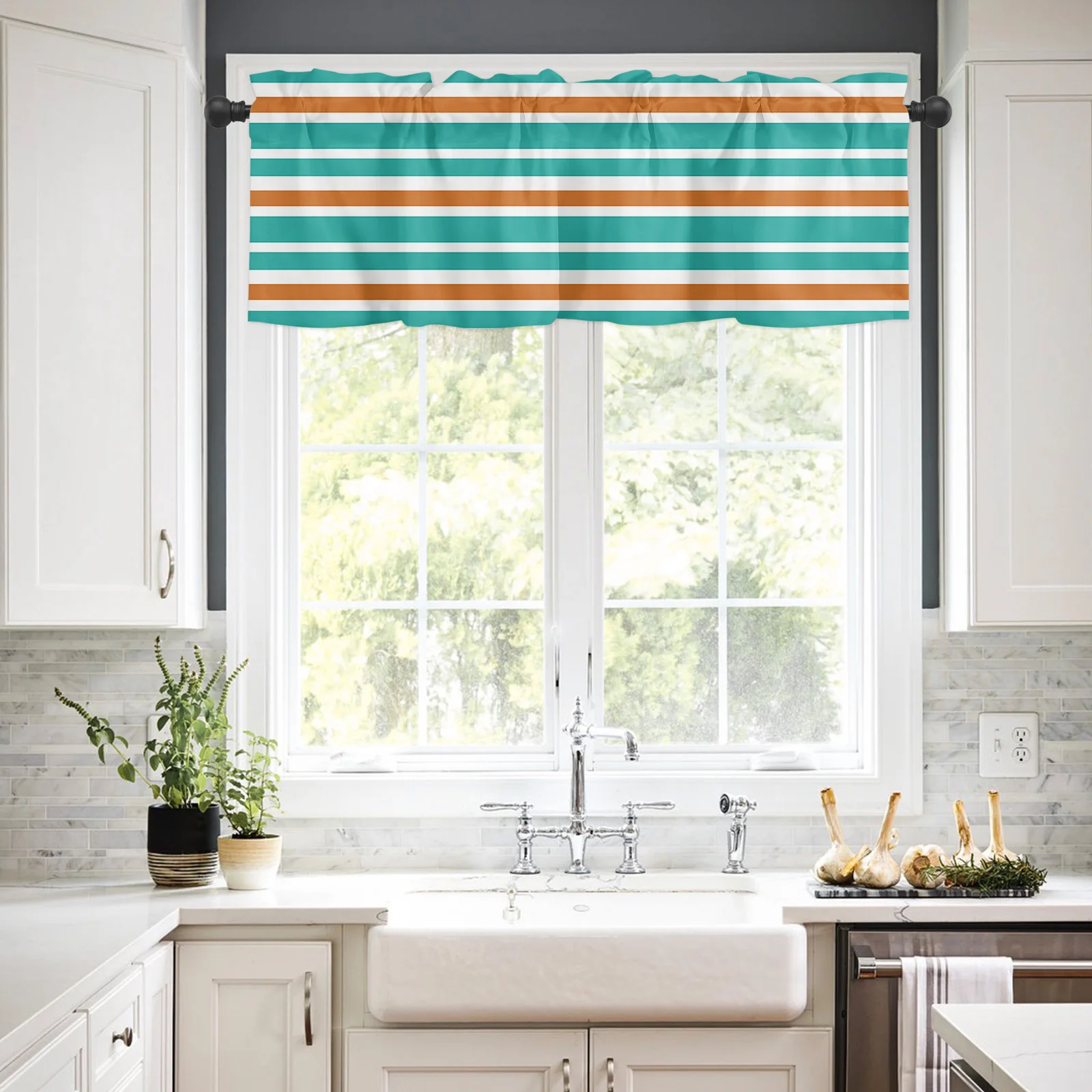 ZEDLIYU Valances for Windows Kitchen Living Room Small Window Valance Teal Orange and White Striped 1 Panel, 42 x 12 Inch