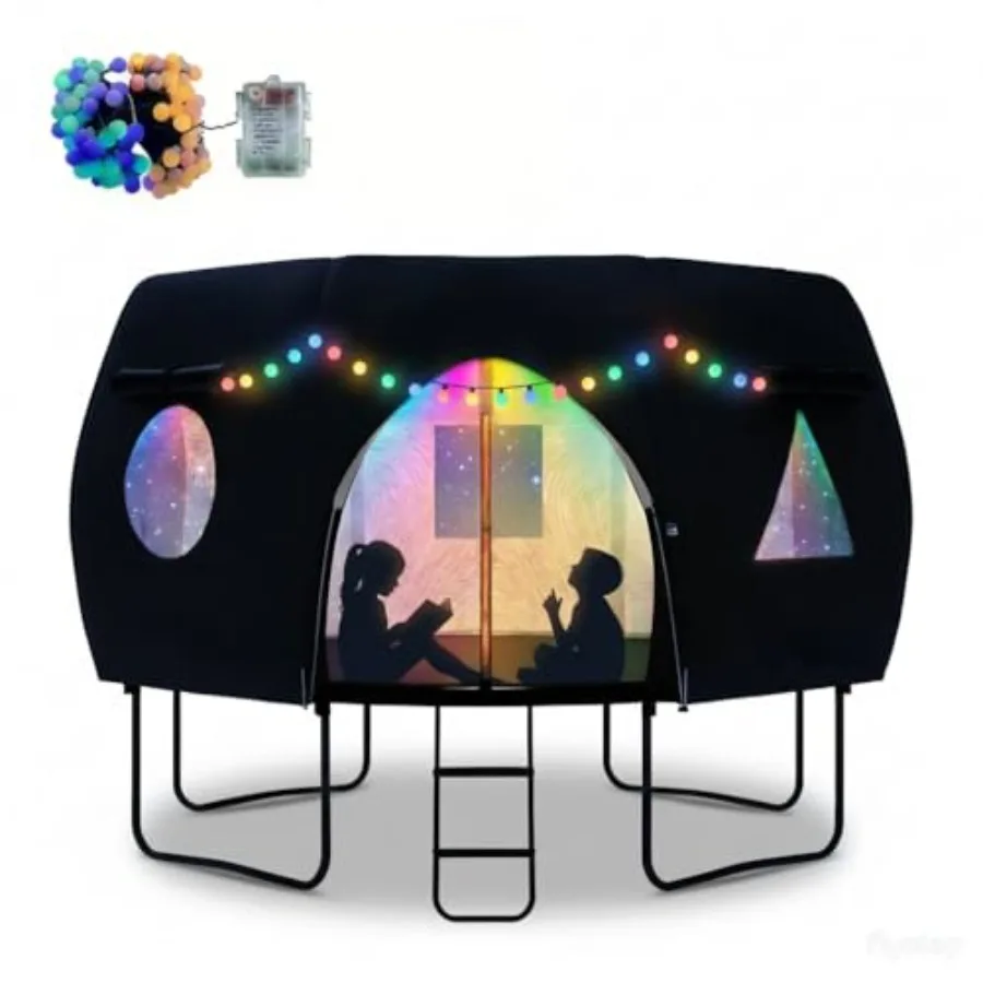 

12FT Round Trampoline Tent with LED Lights Oxford Cloth Cover Tear-Resistant and Rainproof Outdoor Camping Sunshade Black