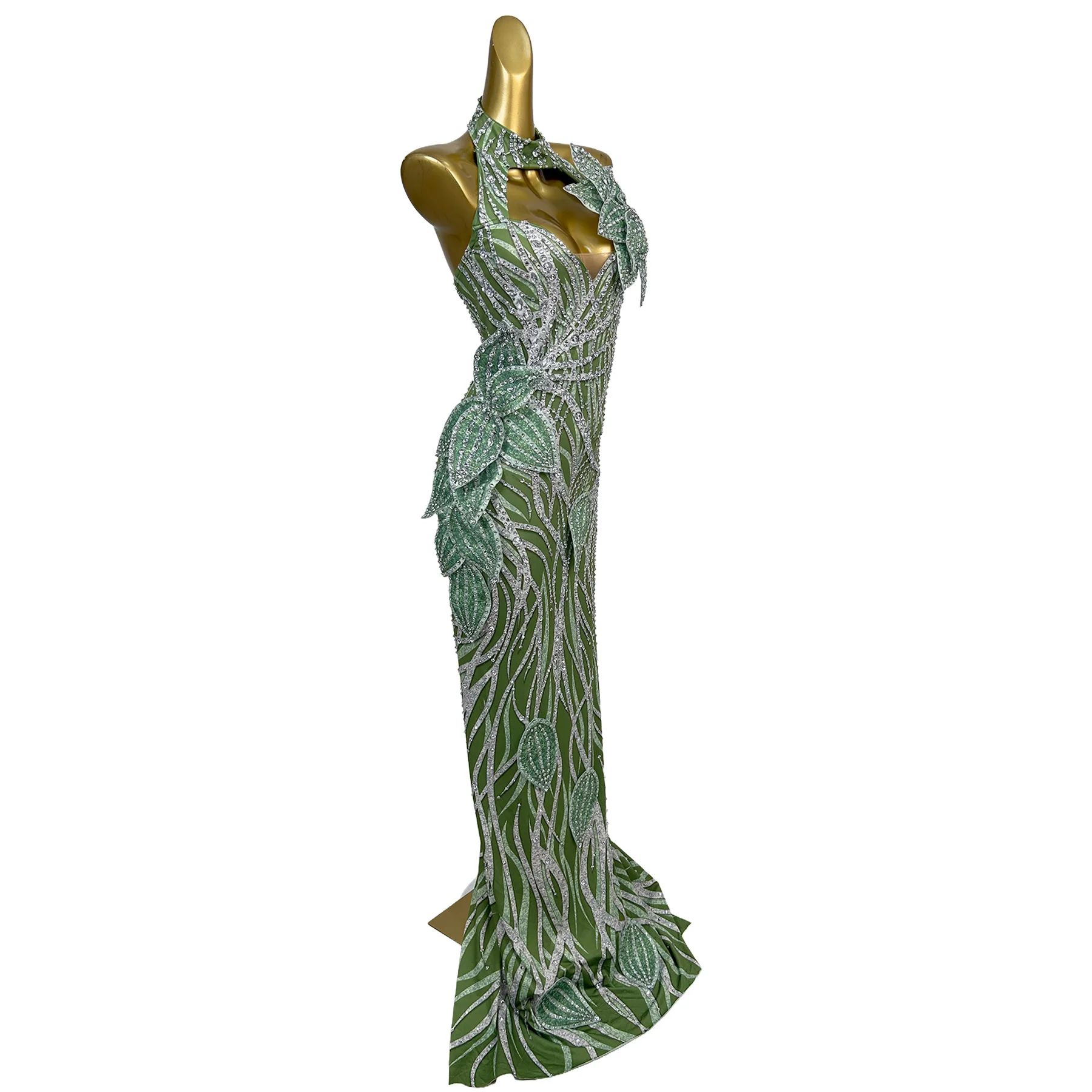 Pianye Luxury Rhinestone Green Mermaid Gown Halter Cutout Neck 3D Leaf Floral Applique Matching Long Gloves Wedding Dress