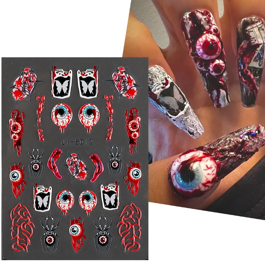 Embossed Bloody Eyeballs Halloween Stickers Nail Art Horrifying Skull Bones Decal 5D Relief Ghosts Slider Manicure Decor JI-5D12