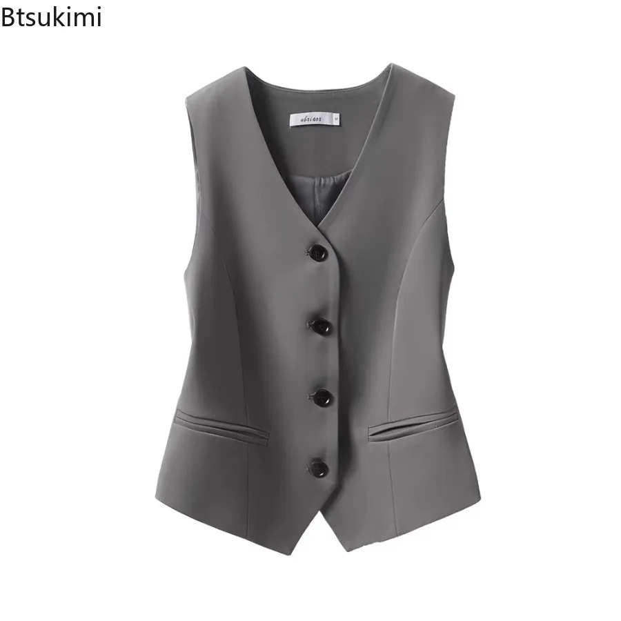 Women's Fashion Suit Vest  Short Style Solid Color V-neck Sleeveless Jacket Elegant Office Vest  Slim Fit Casual Street Cardigan
