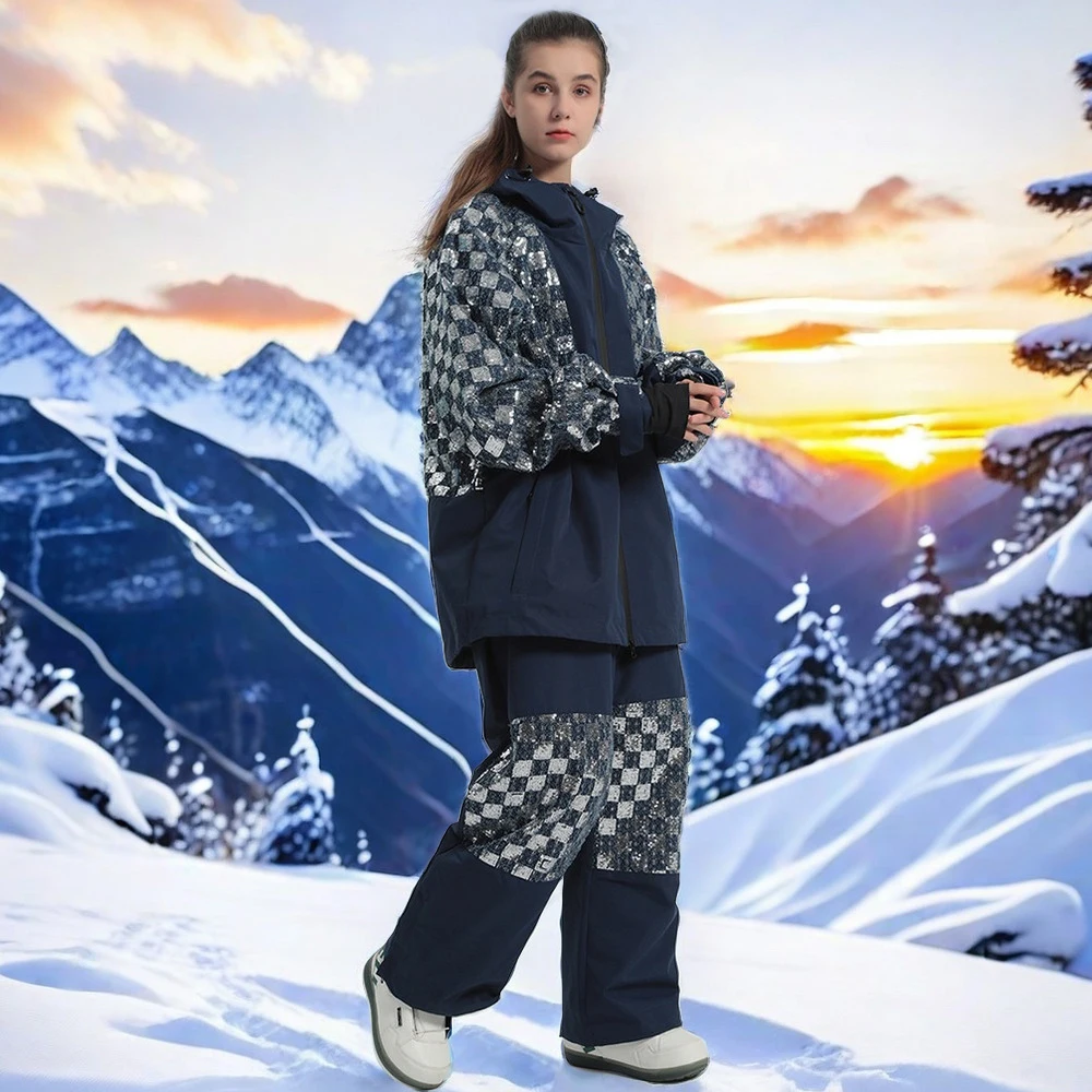 

2025 Winter Sequin Ski Suit Woman Warm Waterproof Snowfield Tracksuit Couple Loose Snow Clothes Men Skiing Sport Jacket Pant Set