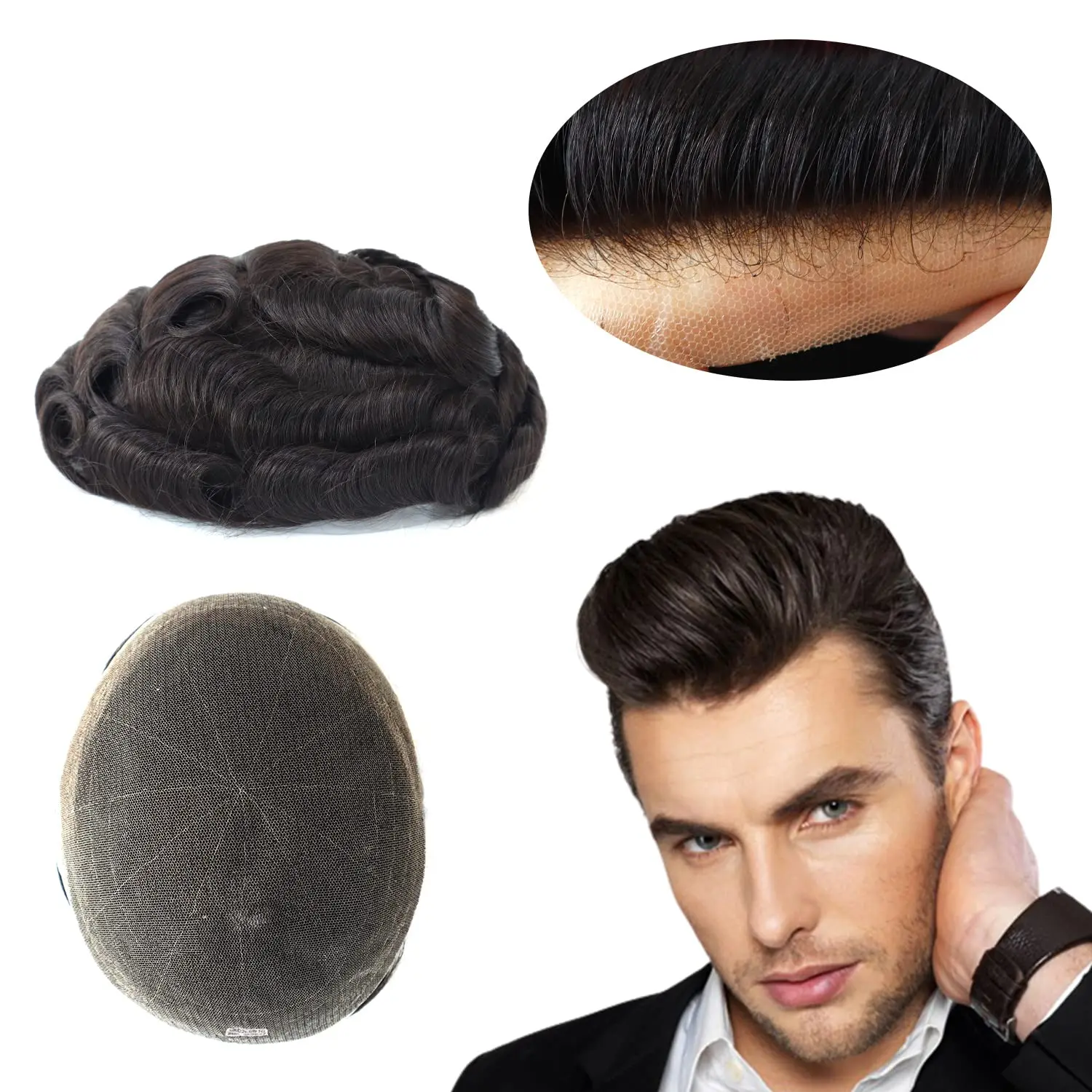 

Toupee for Men Human Hair, Mens Hair Replacement System, French Lace Front Black Hair Pieces 8x10#1B