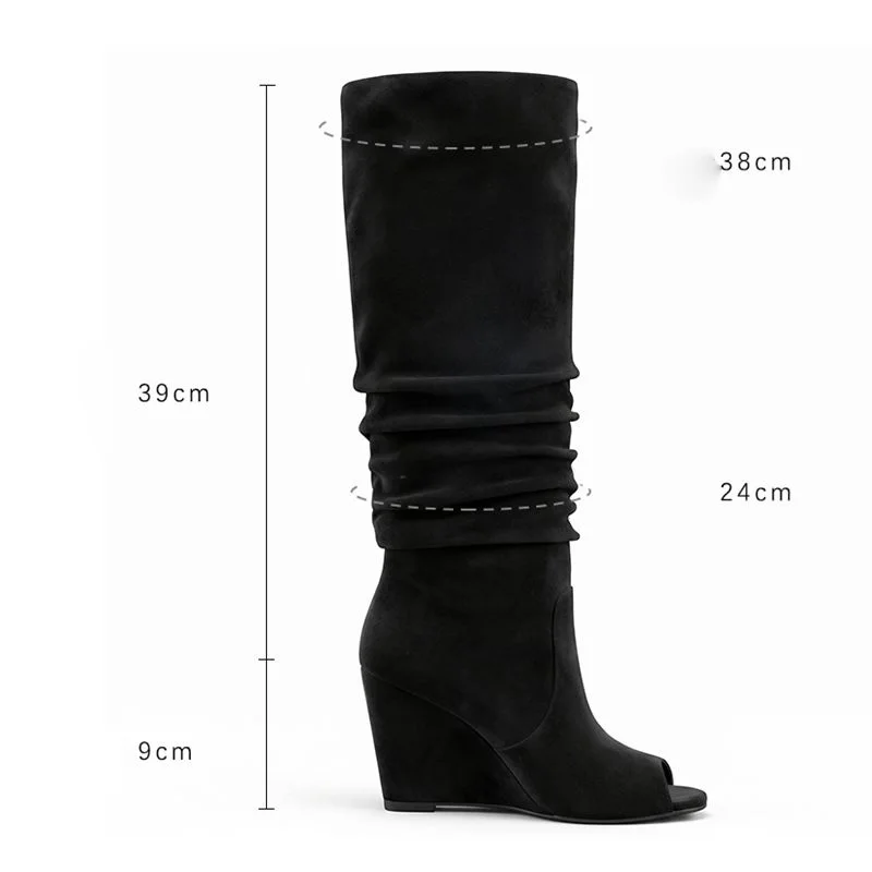 ORCHA LISA Apricot Women Knee High Boots Peep Toe 9cm Wedges Heel Pleated Slip On Plus Size 44 45 46 Fashion Dating Botas Shoes