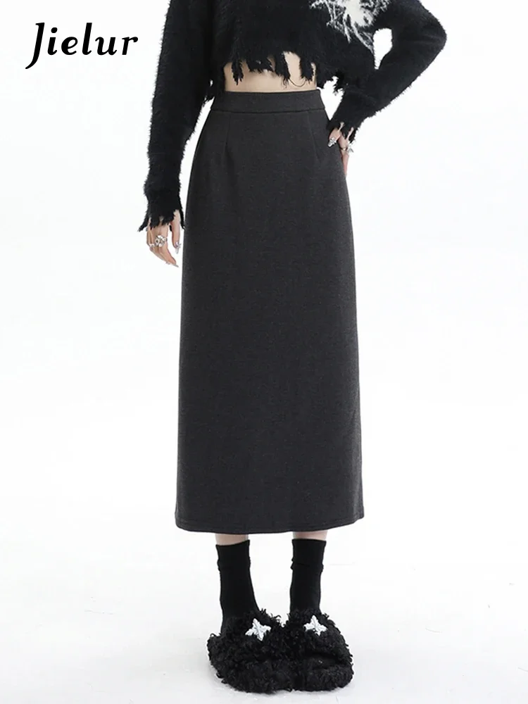 Jielur Autumn Slim High Waist A-line Skirt Female Simple Basic Solid Color Women Skirt Korean High Waist Split Tight Hip Skirts