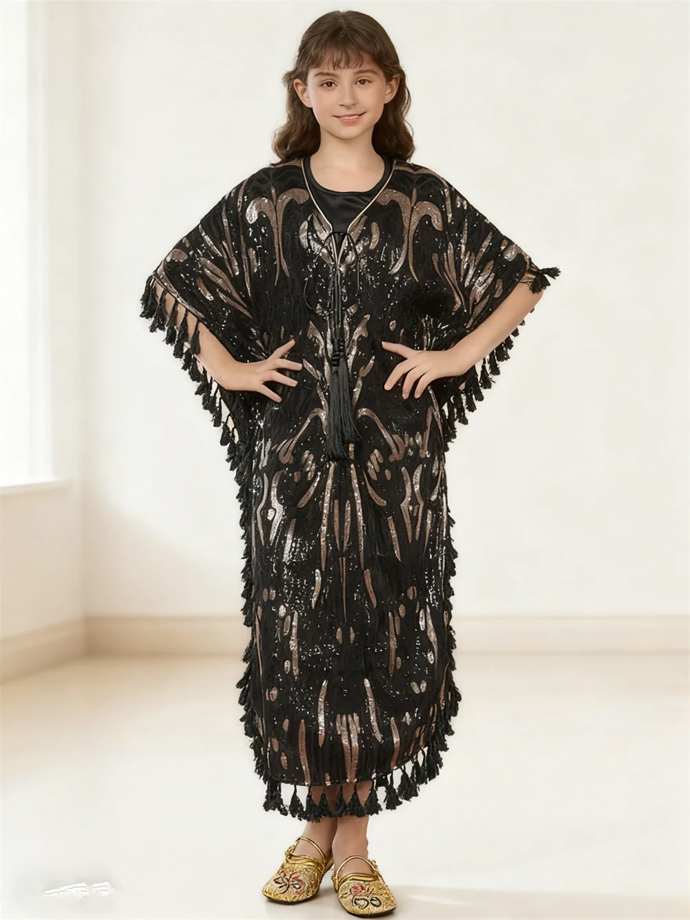 2Pcs Muslim Sets for Girls Sequins Tassel Party Dress Dubai Abaya Turkey Kaftan Morocco Caftan Islam Jalabiya Djellaba Vestidos