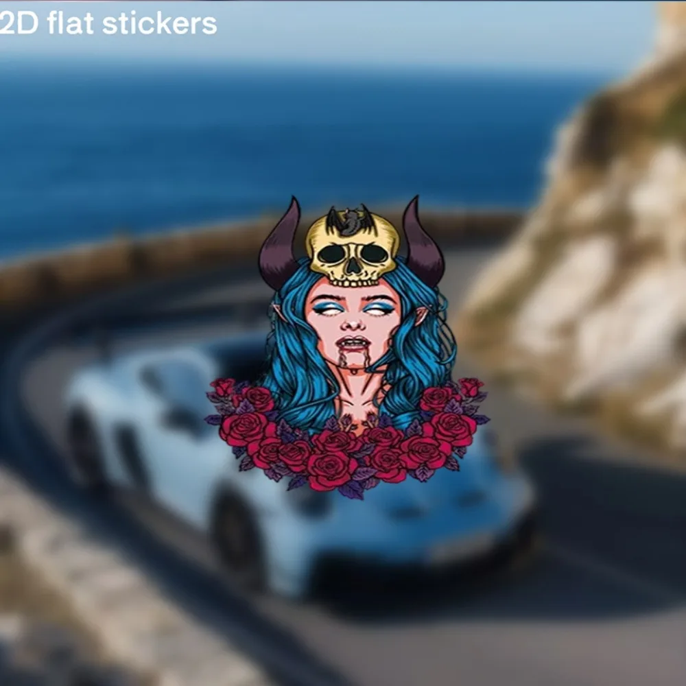 

Halloween Decoration Sticker Featuring Skull with Horns And Floral Patterns Durable Car Perfect for Personal Projects
