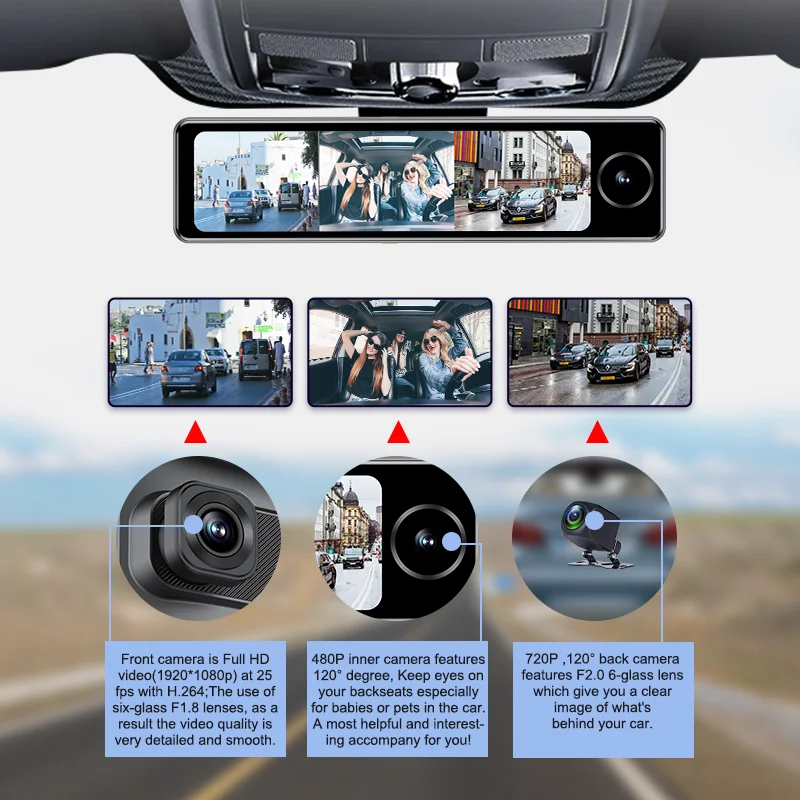 11 Inch 3 Lens 4G Rearview Mirror Dash Cam With ADAS DMS WIFI GPS