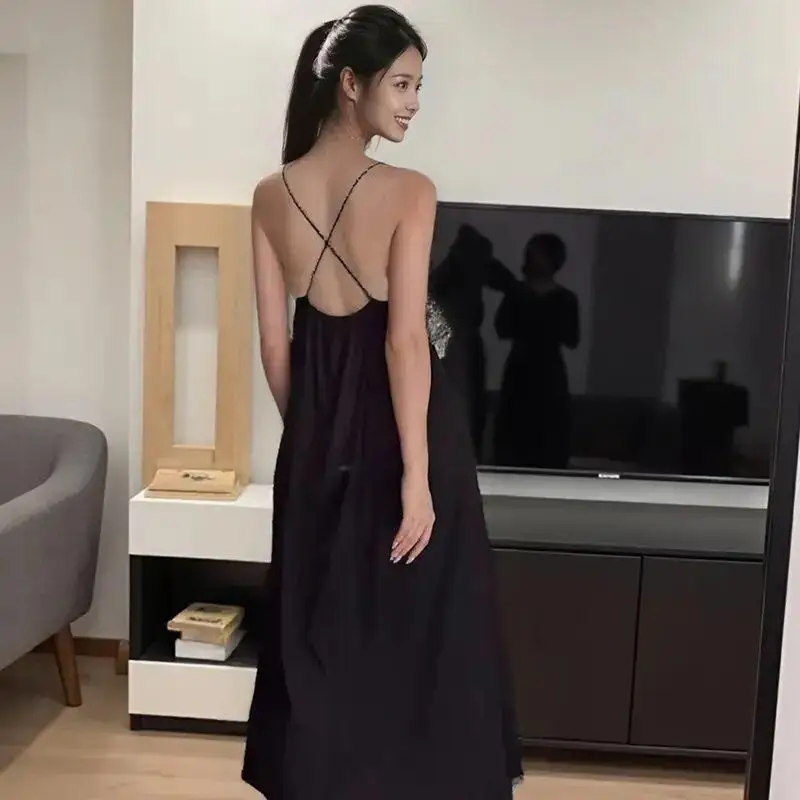 

Women's Pajama Set Fashion Homewear Nightgown Lace Summer Sexy Black Deep V Neck Cooling Nipple Proof Cross Back Backless