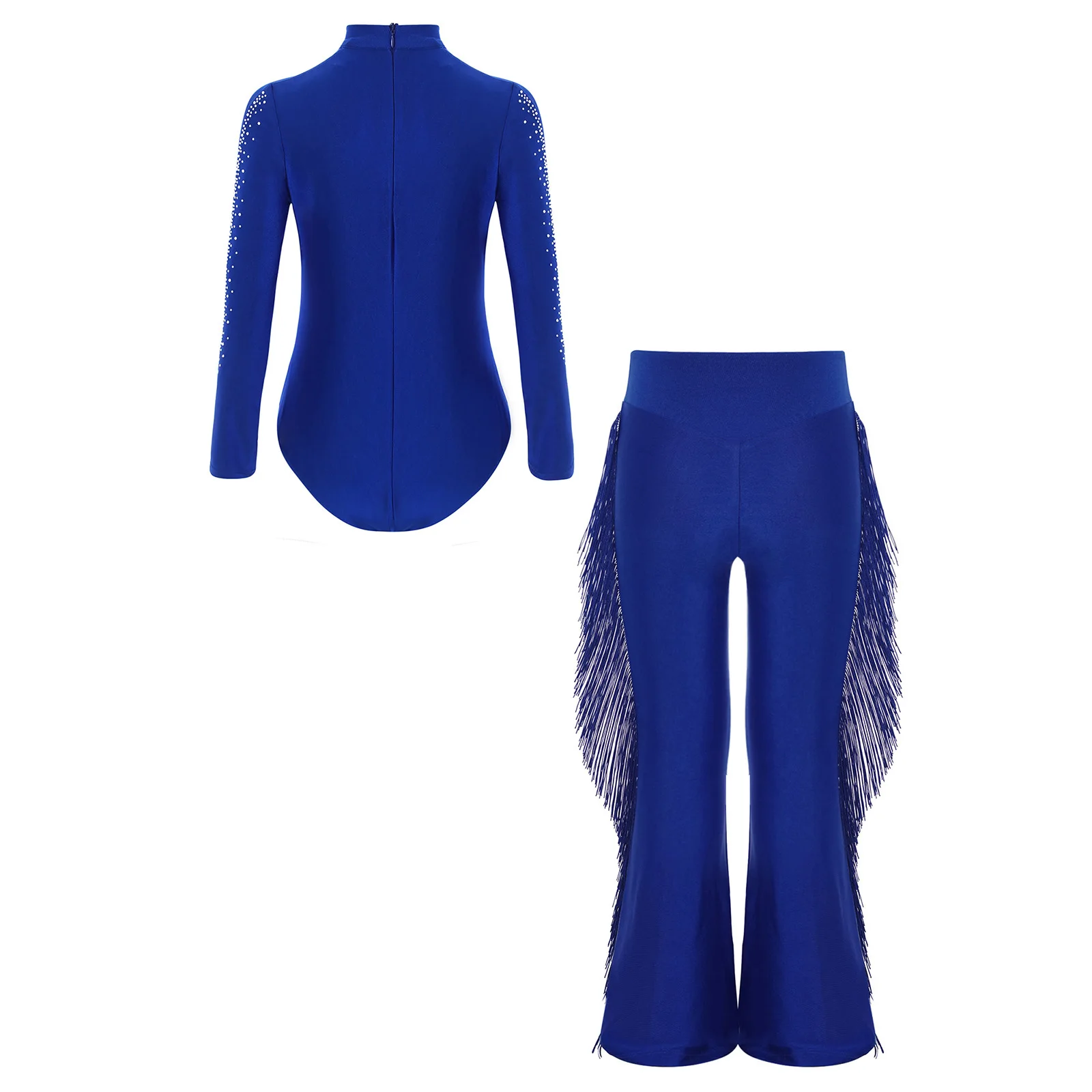 ชุดเต้นลาตินสำหรับเด็กผู้ชาย ชุดบอลรูม ชาชา แทงโก้ สำหรับการแสดงบนเวที เสื้อแขนยาวประดับเพชรเทียม พร้อมพู่ห้อย + กางเกงขาบาน
