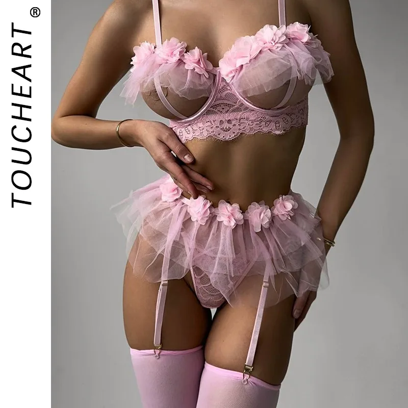 

Toucheart Sexy Solid Color Lace See-through Slim Interesting Hollow Out Underwear Garters Backless Patchwork Sexy Underwear Set