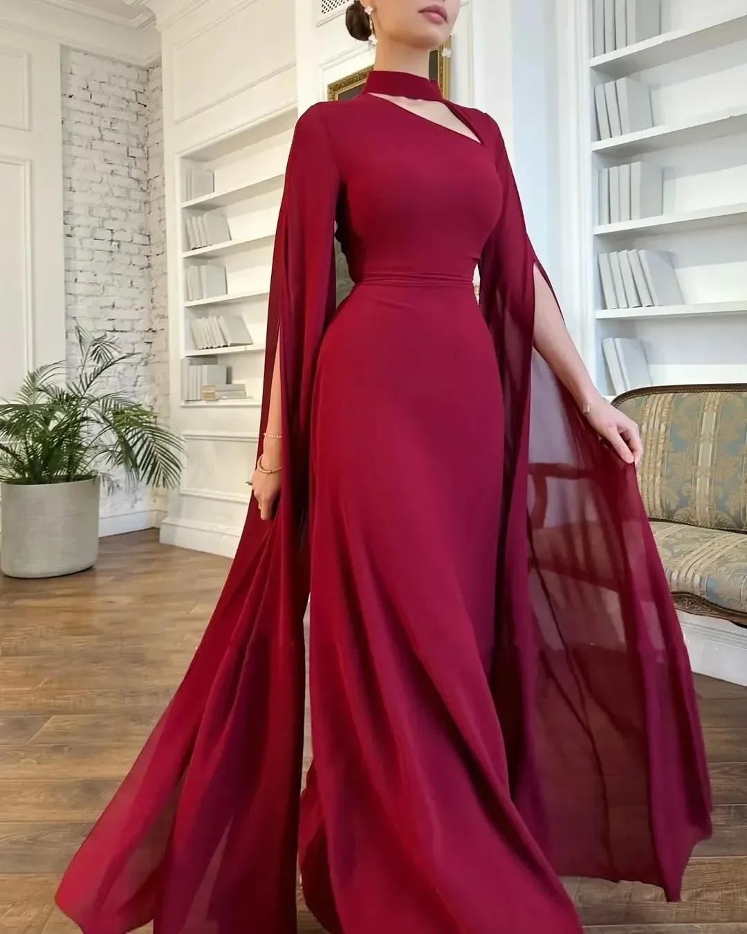 

Элегантное темно-красное вечернее платье с высоким воротом и длинными рукавами, складки, шифоновое платье длиной до пола, пышные вечерние платья для выпускного вечера