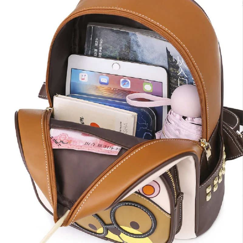 Hot Sale Women's New High Quality Leather Travel Backpacks Fashion Cartoon Bear Rivet Double Shoulder Bags Totes Crossbody Bag