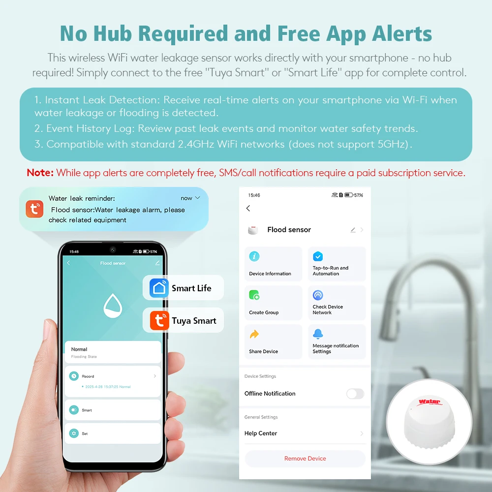 SQ400B Tuyasmart WiFi 2.4GHZ كاشف تسرب المياه مستشعر التسرب اللاسلكي مع إشعار دفع التطبيق تحذير منخفض الطاقة