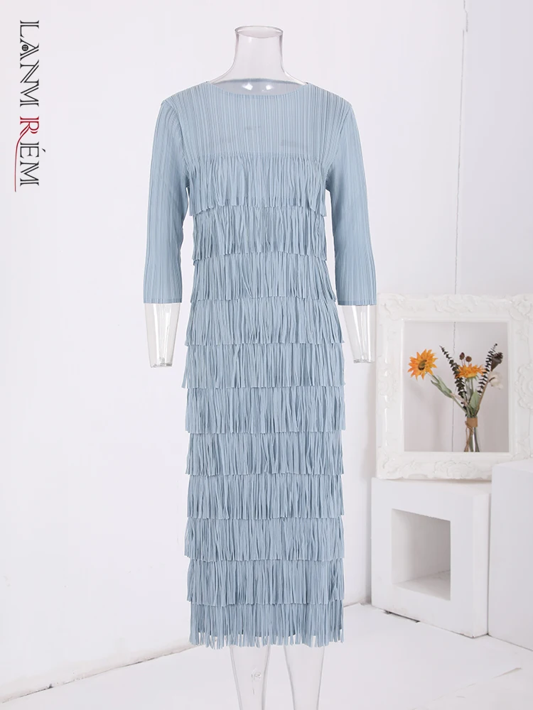 

LANMREM Tassel Spliced Design Pleated Dress Women Fashion Round Neck Solid Color Slim Dresses Elegant Party 2024 New 15G0085