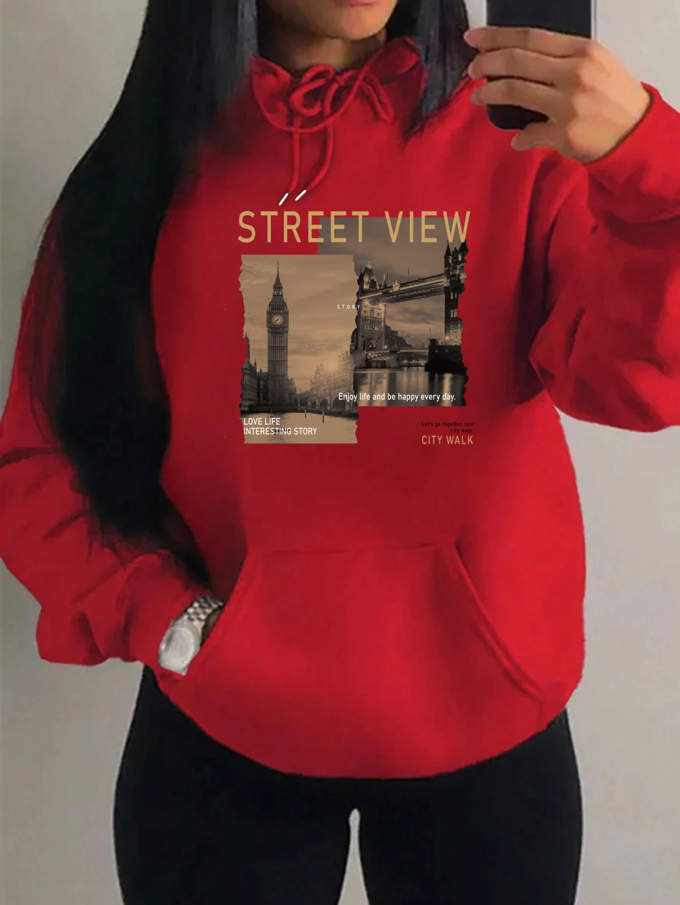 Street View Of London Design Women Clothing Fashion Pocket Hoodies Casual Loose Unisex Pullovers Harajuku Pocket Womenwear