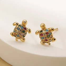 Cute Female Small Sea Turtle Multicolor Zircon Stud Earrings For Women Vintage Gold Silver Color Ocean Animal Engagement Jewelry