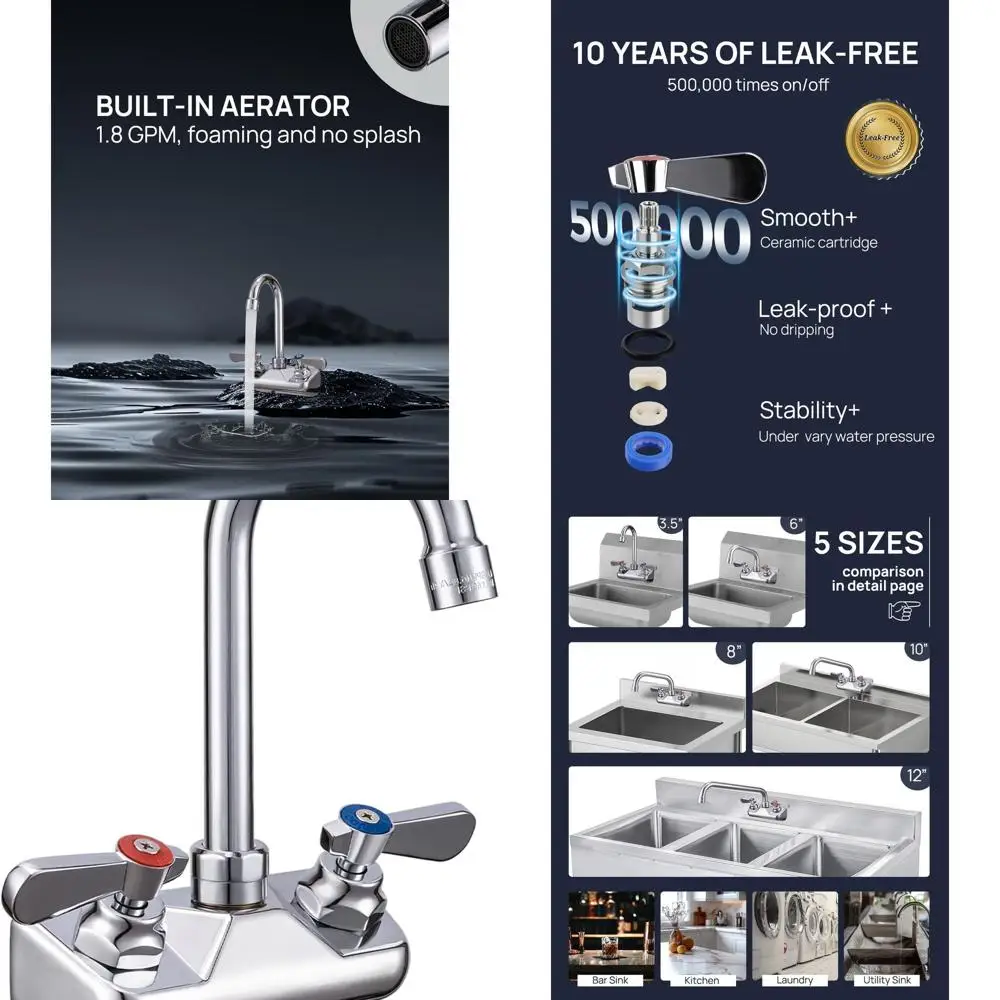 

Commercial 4 Wall Mount Triple Sink Faucet, 3.5 Gooseneck, Brass, for Industrial & Restaurant Use