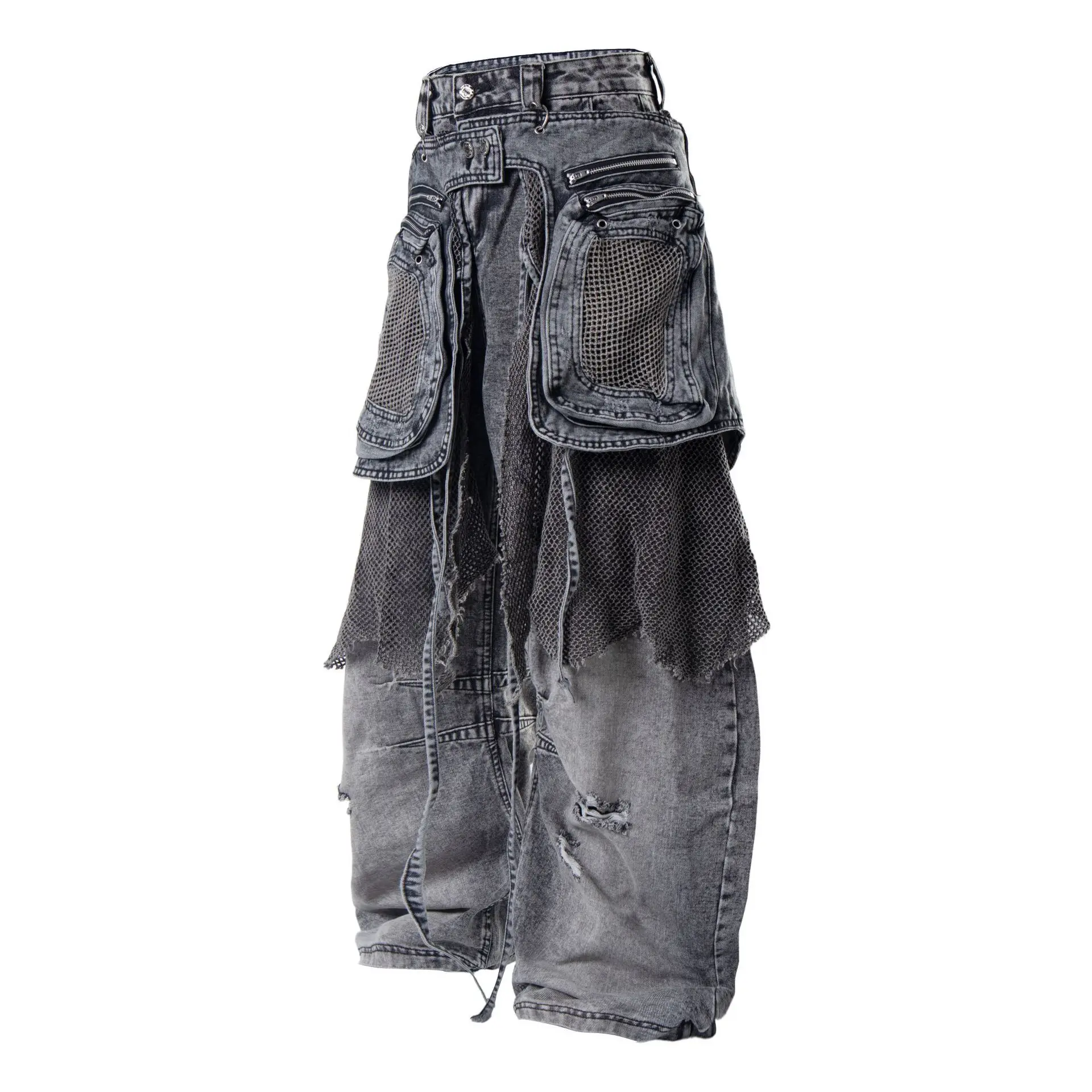 High Street Waste Soil Made Old Mesh Fabric with Frayed Edges Deconstructed Jeans Pants Men's Detachable Real Two-piece Pants
