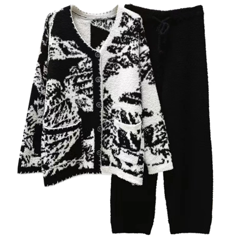 La ropa de hogar para mujer de otoño e invierno se puede usar afuera, cárdigan de ocio de estilo coreano con patrón blanco y negro.