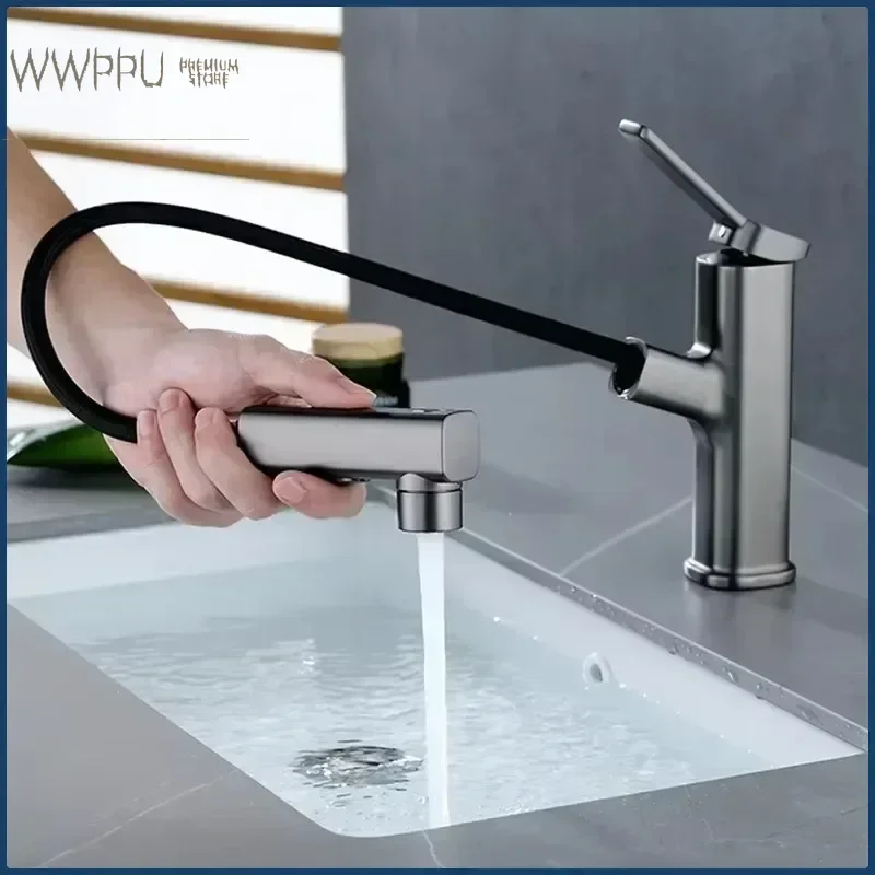 WWPPU Brass Pull Out Faucet Bathroom Three Modes Stream Sprayer Washbasin Faucet Single Handle Dual Hole Basin Sink Mixer Tap