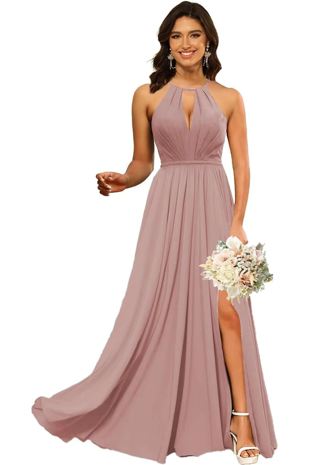 

A-Line Pleated Chiffon Bridesmaid Dress with Pockets V Neck Formal Evening Party Gown for Women wedding dresses royal champagne