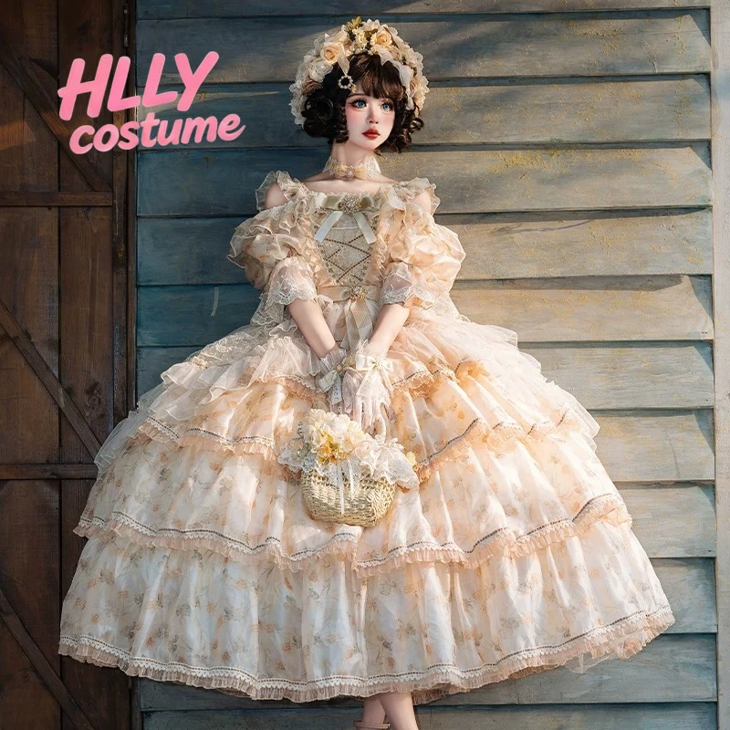 Abito Lolita Originale Per Cosplay, Abito Da Sposa In Chiffon Floreale Con Motivo A Rose E Scritta, Abito Lolita JSK Da Principessa Con Volant A Strati E Pizzo Vittoriano Da Sposa-image