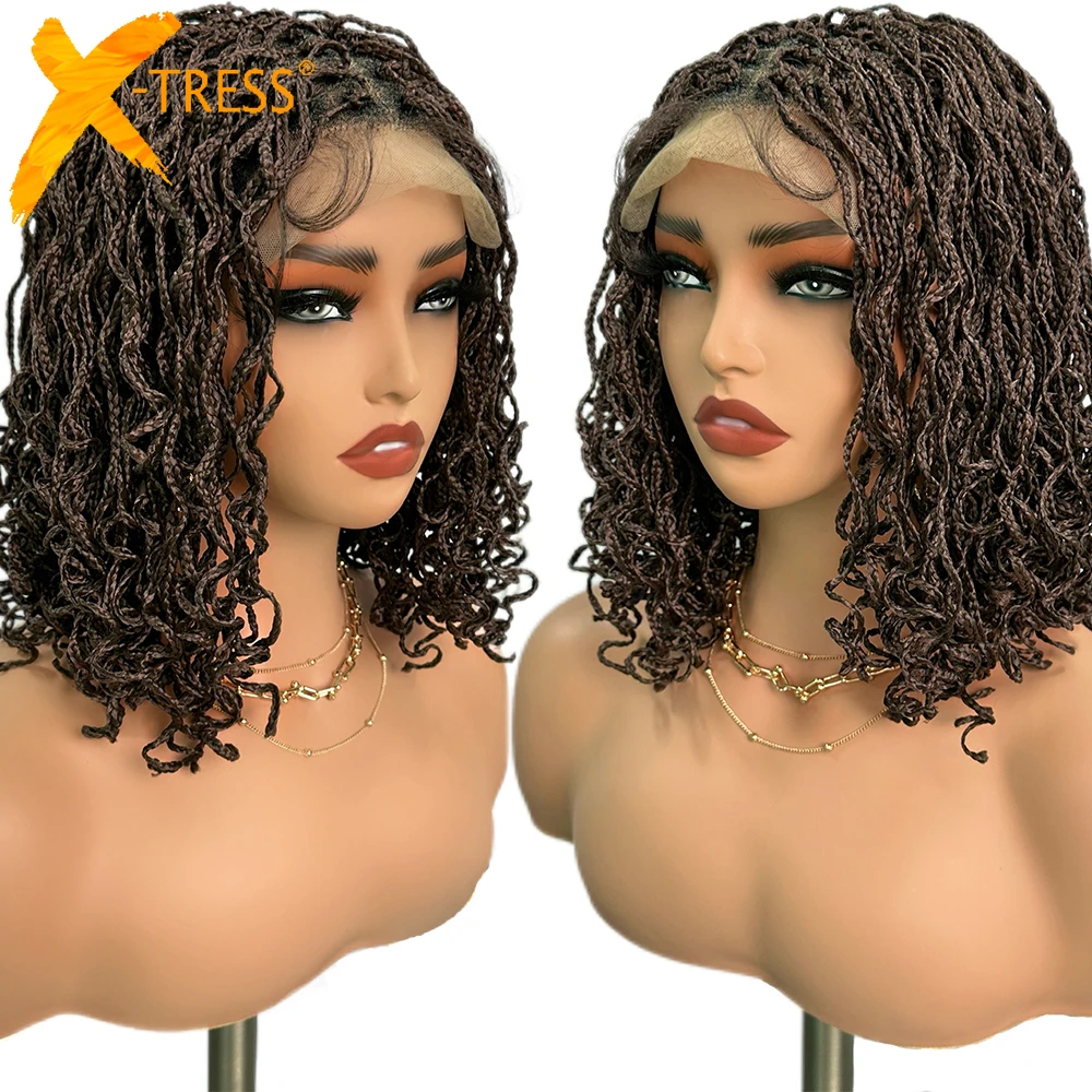 X-TRESS Twist Box Braids Synthetic Wig 4x4 Lace Front Hair for Black Women 14inch Brown Color Synthetic Wig with Baby Hair Daily