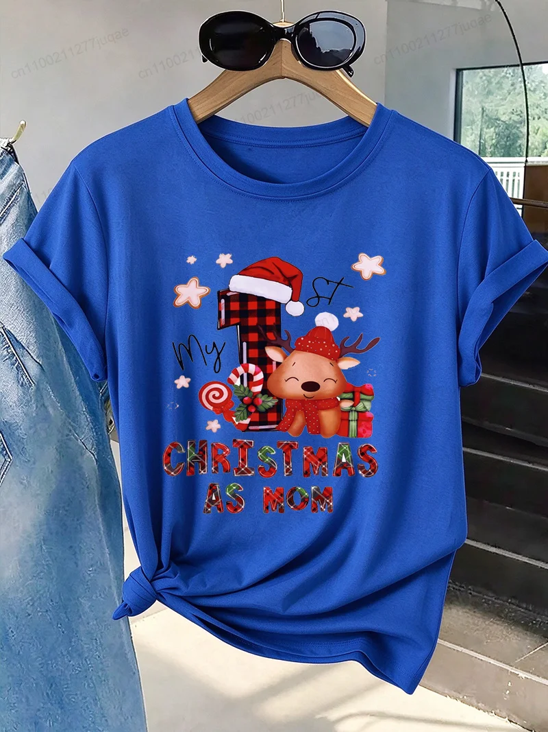My First Christmas As Mom Shirt,new Mom Christmas Tee,reindeer Graphic Top,women Casual Short Sleeve T-Shirts,mommy Gift