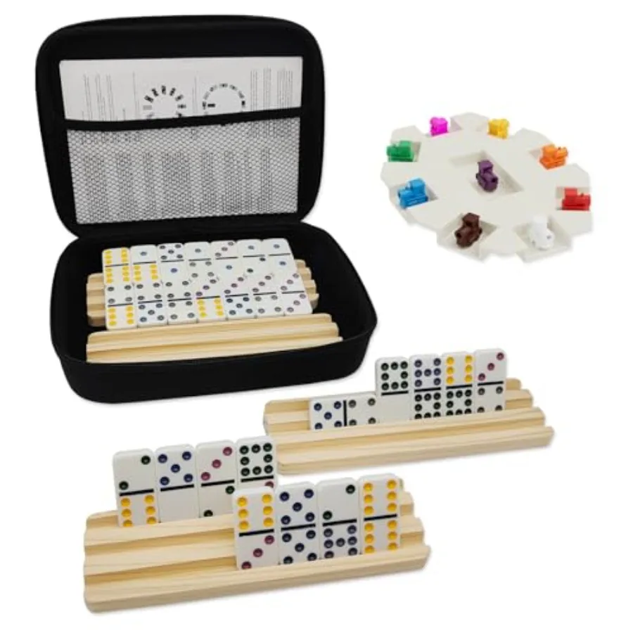 

Double 9 Dominoes Set with 4 Wooden Trays/Racks, Double Nine Dominos Travel Set with 4 Domino Tiles Holders, 55 Tiles Dominoes