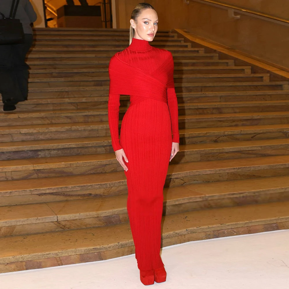 

2025 New Red Ribbed Knit Bodycon Long Dress with Wrap - Around Shoulder Detail - Formal Evening Upscale Gatherings Gown