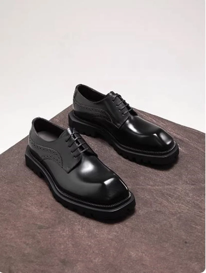 High-end Calfskin Formal Leather Shoes For Men Square-toe Lace-up Anti-slip 4cm Thick-sole Office Shoes Derby Dress Shoes Man