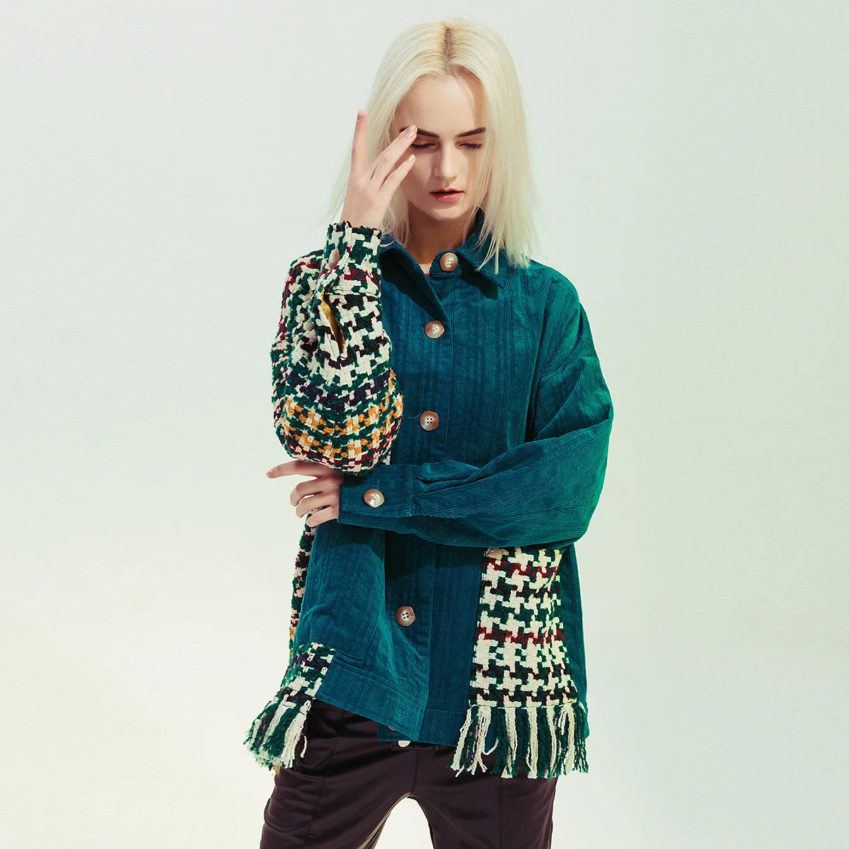 

Autumn Women's Fantasy Jacquard Asymmetric Pit Strip Jacket Woolen Coat Plaid Stitching Personality Street Style