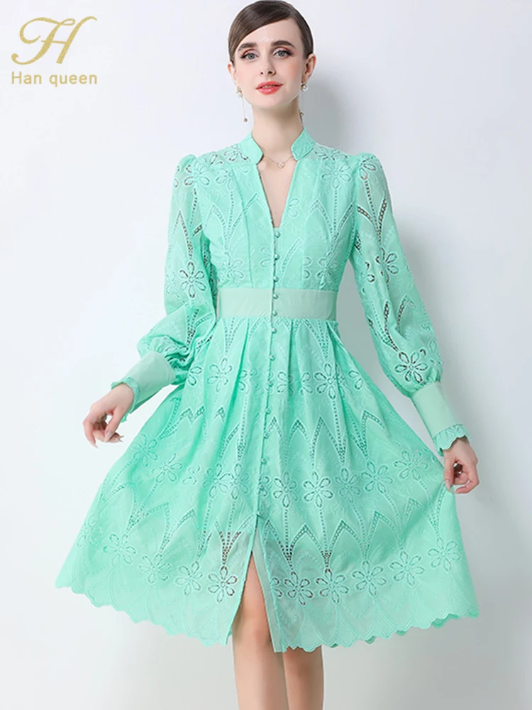فستان دانتيل ربيعي للنساء من H Han Queen بفتحة رقبة على شكل حرف V وأكمام واسعة وصدر واحد وخصر عالٍ فساتين حفلات كلاسيكية على شكل حرف a